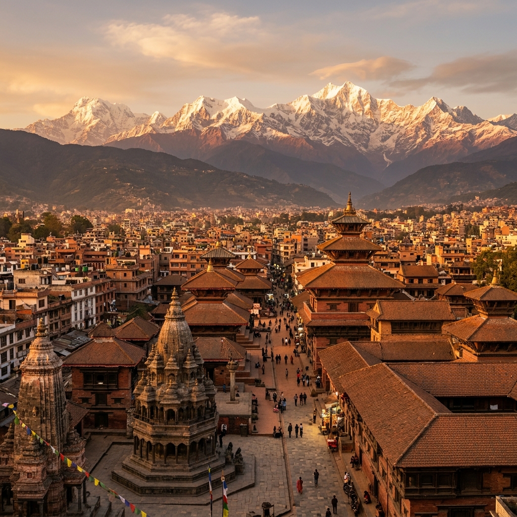 Kathmandu valley with Himalayan mountains at golden hour